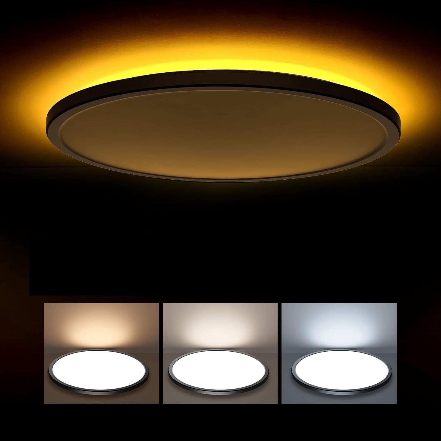 Matane 15.4'' LED Flush Mount Ceiling Light Fixture with Night Light, 36W 3600LM 3000K/4000K/5000K, Ceiling Lamp Surface Mount Round Lighting Fixture for Bedroom, Dining Room, Kitchen,Black