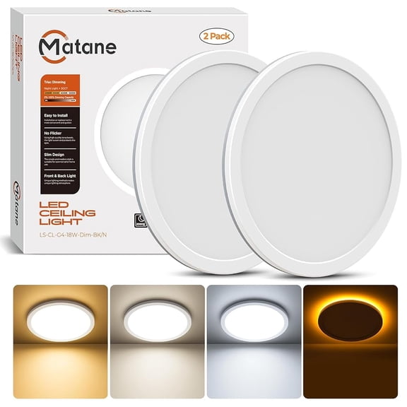 Matane 8.7'' LED Flush Mount Ceiling Light Fixture with Night Light,18W 1800LM 3000K/4000K/5000K, Dimmable Ceiling Lamp Surface Mount Round Lighting Fixture for Bedroom,Dining Room,Kitchen,White,2PCS