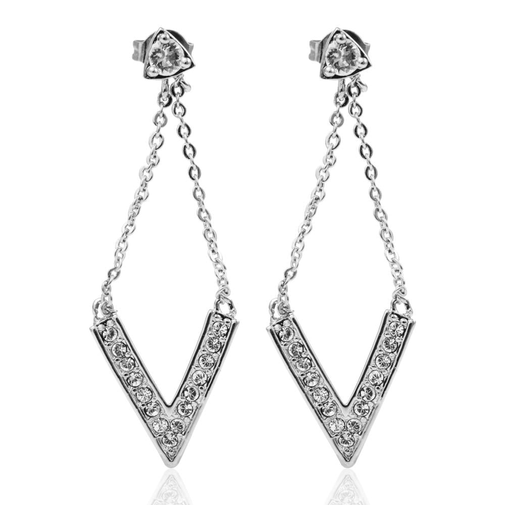 Matashi 18K White Gold Plated Delta V Design Stud Earrings With Sparkling Clear Crystals Gift for Christmas Birthday Anniversary Valentine's Day Mother's Day Gift for Mom Girlfriend Wife