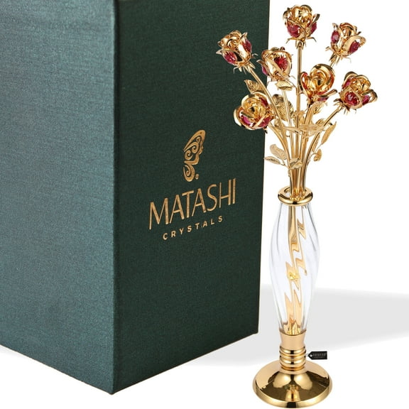Matashi 24K Gold Dipped Crystal Rose Bouquet in Vase  Valentines Day Gift  Elegant Tabletop Home Decor, Gift  for Her, Wife