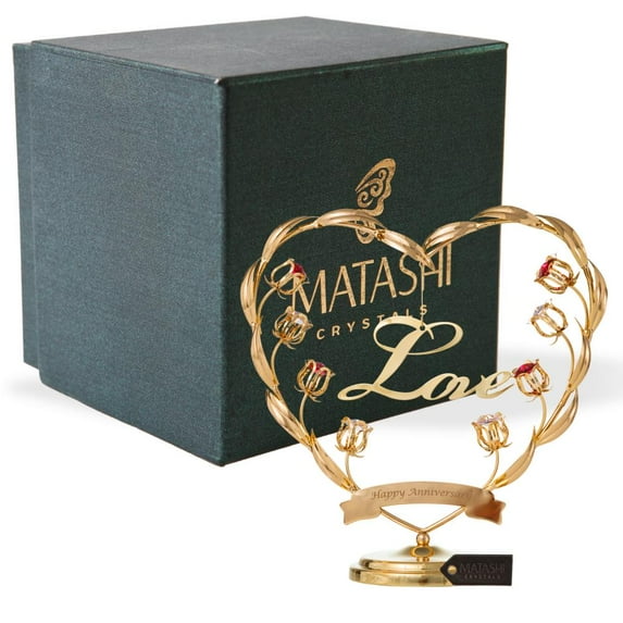 Matashi 24K Gold Plated 8" Heart and Flower with Happy Anniversary Banner Table Top Ornament with Crystals Love Ornamental, Keepsake and Decor, Gorgeous Decoration