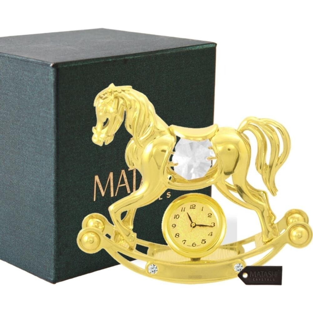 24K Gold Plated Rocking Horse Desk Clock with Clear Crystals