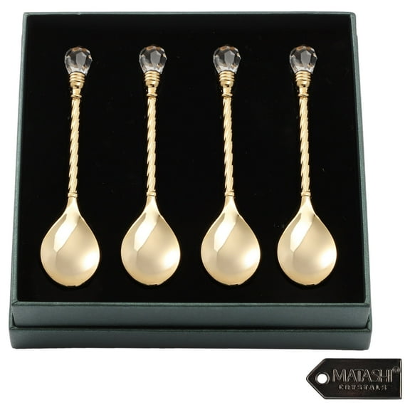 Valentines Day Gift for Women & Mom  Matashi 24K Gold Plated Crystal Topped Dessert Spoons (Set of 4), Elegant Tableware, Housewarming