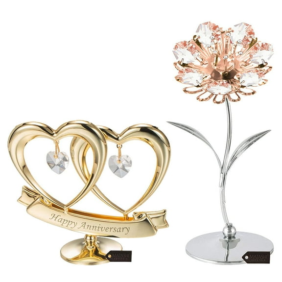 Matashi 24K Gold Plated Double Heart Happy Anniversary Banner Ornament w Sunflower Figurine Showpiece Best Gift for Anniversary