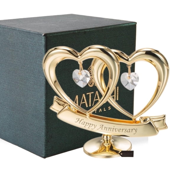 Matashi 24K Gold Plated Double Heart Happy Anniversary Ornament with Crystals; Tabletop or Cake Topper, Valentine's Day Gift For Wife or Her