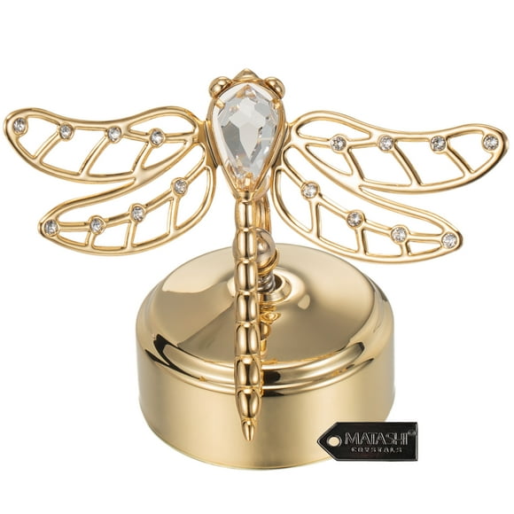 Matashi 24K Gold Plated Music Box Plays You Are My Sunshine w/ Crystals Studded Dragonfly Figurine Tabletop Showpiece