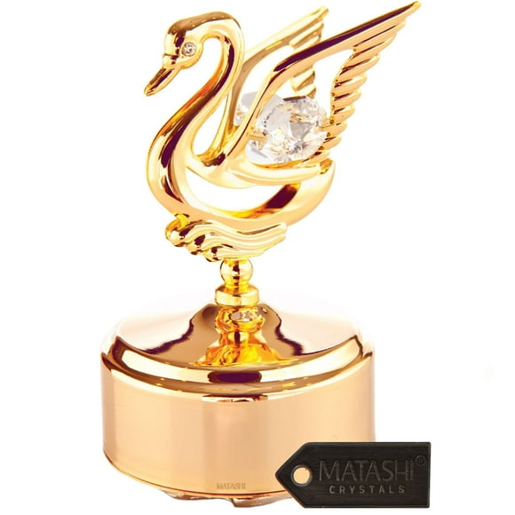 Matashi 24K Gold Plated Music Box with Crystal Studded Swan Figurine Swan Lake Theme, Elegant Tabletop Decoration for Home or Gift