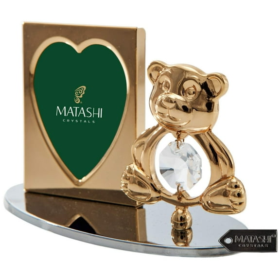 Matashi 24k Gold Plated Picture Frame Desk Set with Crystal Decorated Teddy Bear Figurine on a Silver Base Gift for Christmas Mother's Day