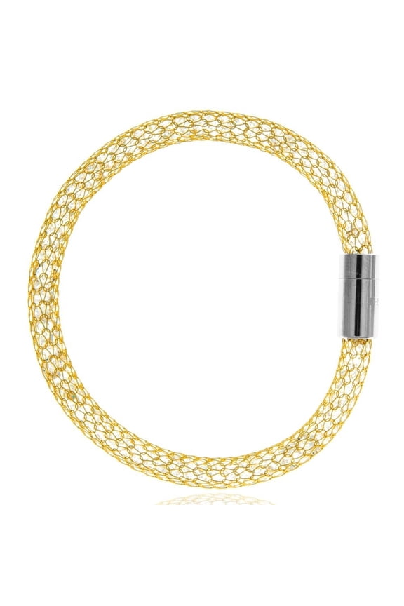 7.5" 18K Gold Plated Mesh Bangle Bracelet w/ Magnetic Clasp and High Quality Crystals
