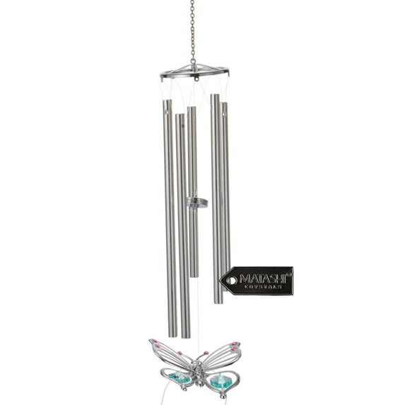 Matashi Chrome Plated Silver Butterfly Wind Chime with Crystals Indoor Outdoor Decorative Hanging Ornament – Single Piece