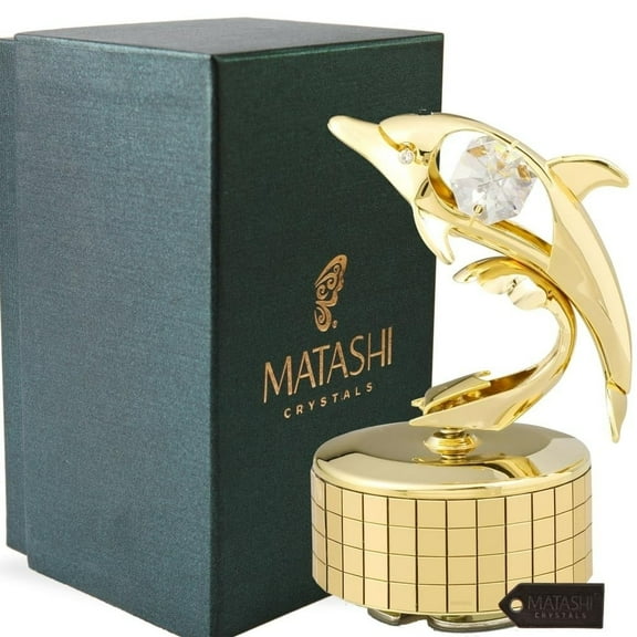 Matashi 24K Gold Plated Music Box plays "You Are my Sunshine" with Crystal Studded Dolphin Figurine