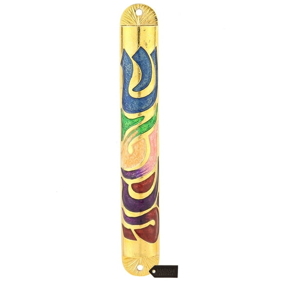 Matashi Gold Hand Painted Enamel Mezuzah with Hebrew Shin  Pewter Door Decor for Jewish Home Blessing and Housewarming