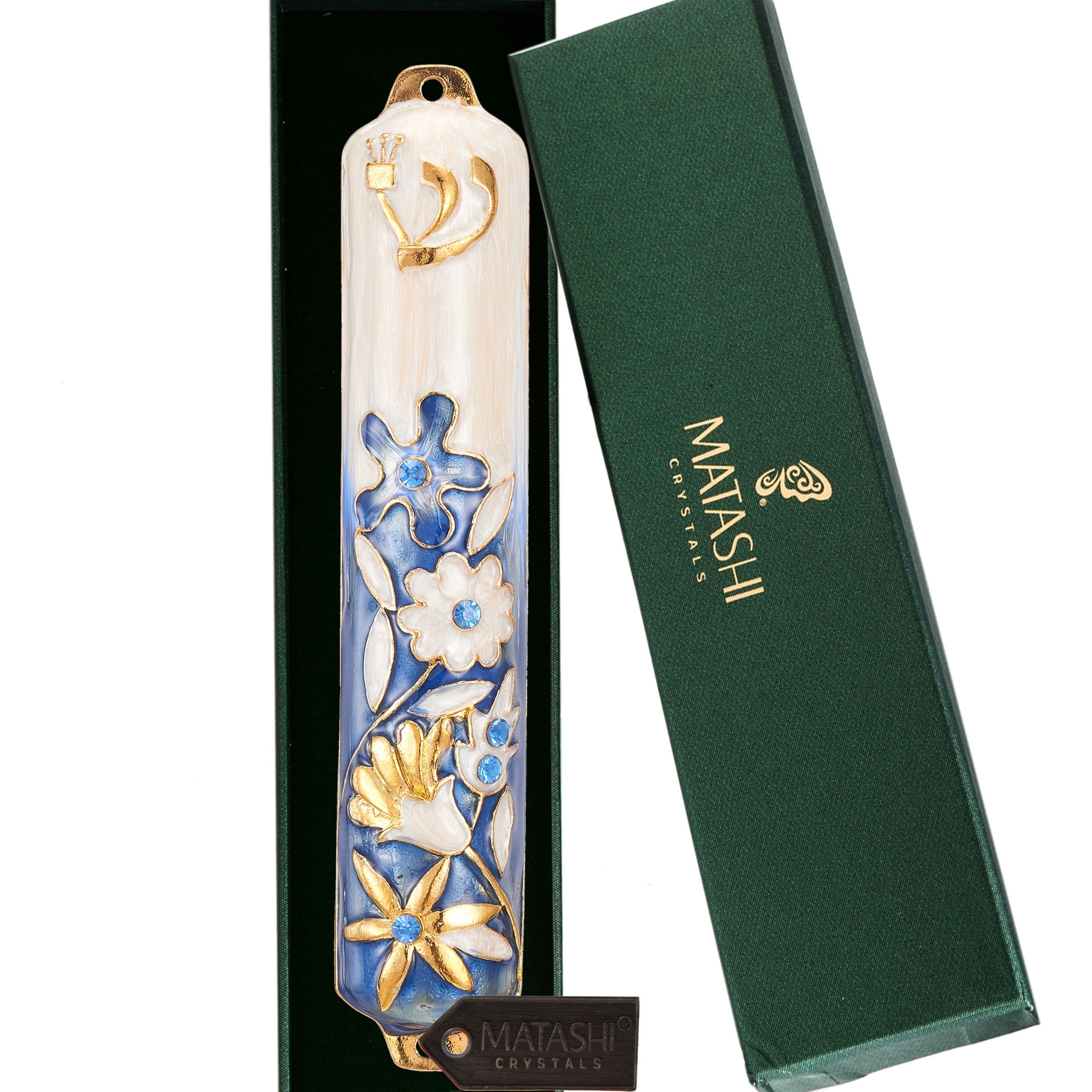 Matashi Hand Painted 5" Blue and Ivory Enamel Flower Mezuzah Embellished with Gold Accents and fine Crystals