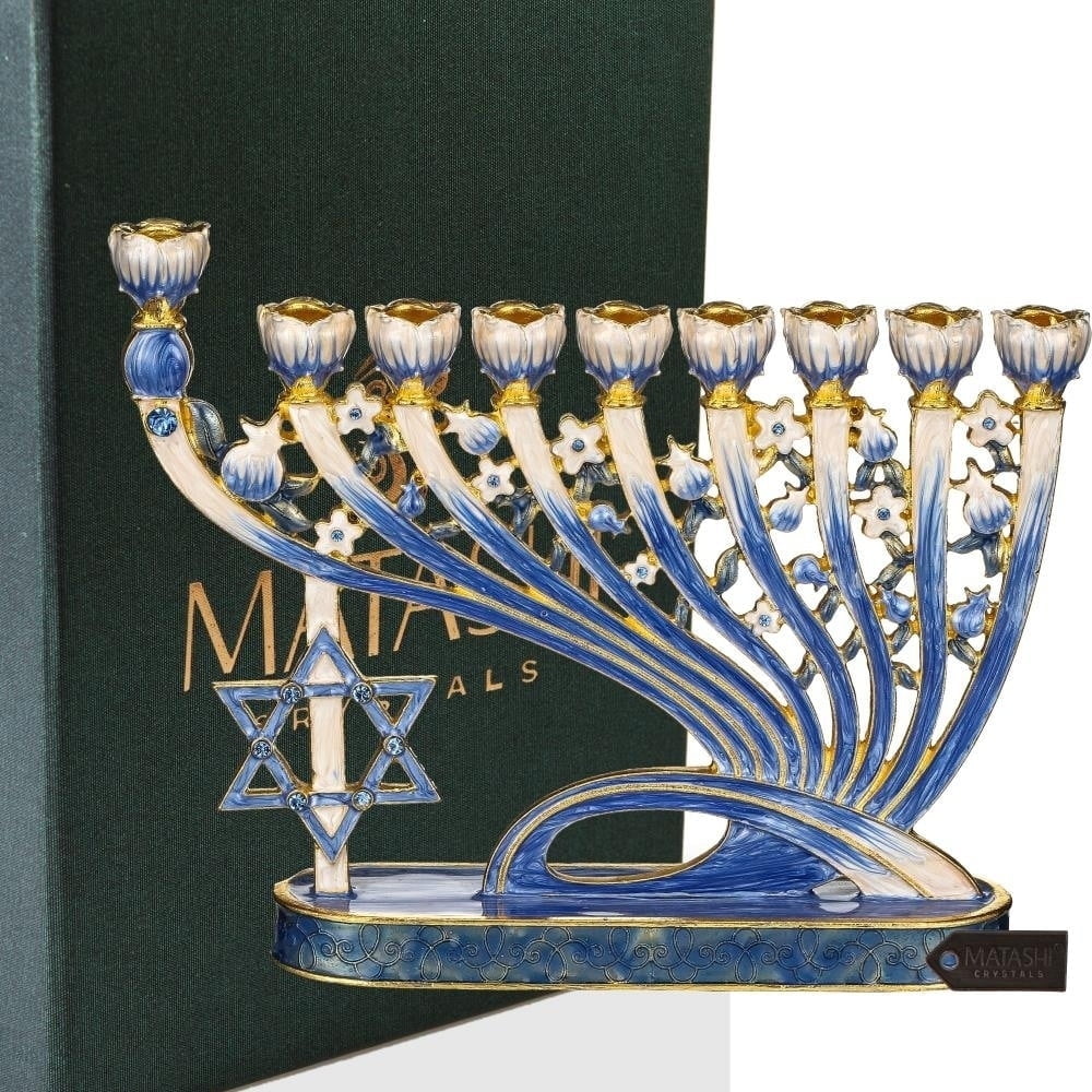Matashi Hand Painted Blue Enamel Menorah Candelabra with Star of David by