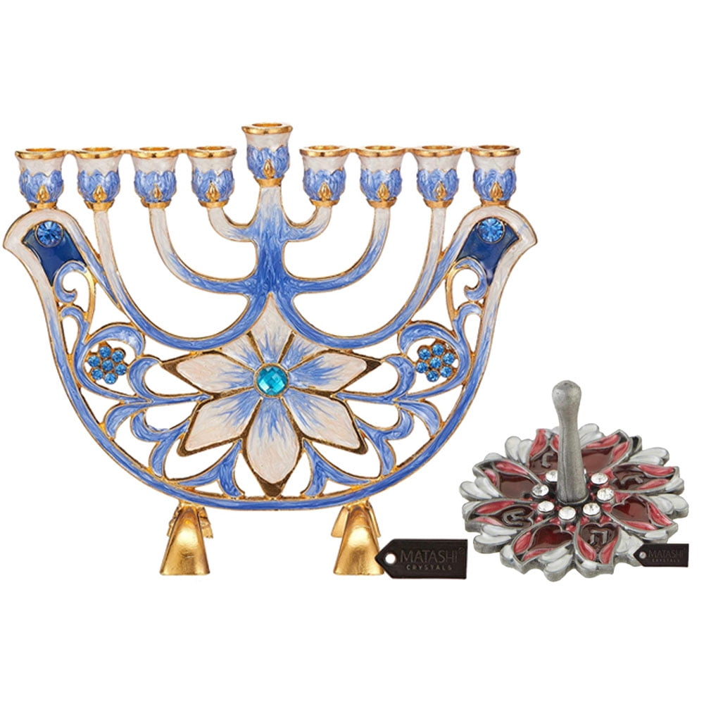Matashi Hand Painted Blue and Ivory Flower Menorah Candelabra & Floral Spinning Dreidel Holiday Ornaments (Pewter) with Gold Accents and Crystals Jewish Candle Holder Hanukkah Gift Jewish Decor