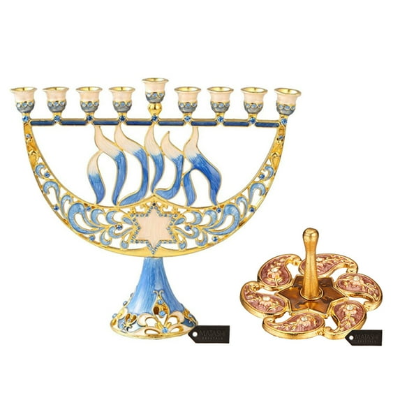 Matashi Hand Painted Enamel Menorah Candelabra w/ Star of David and Hanukkah Design and Floral Spinning Dreidel Holiday