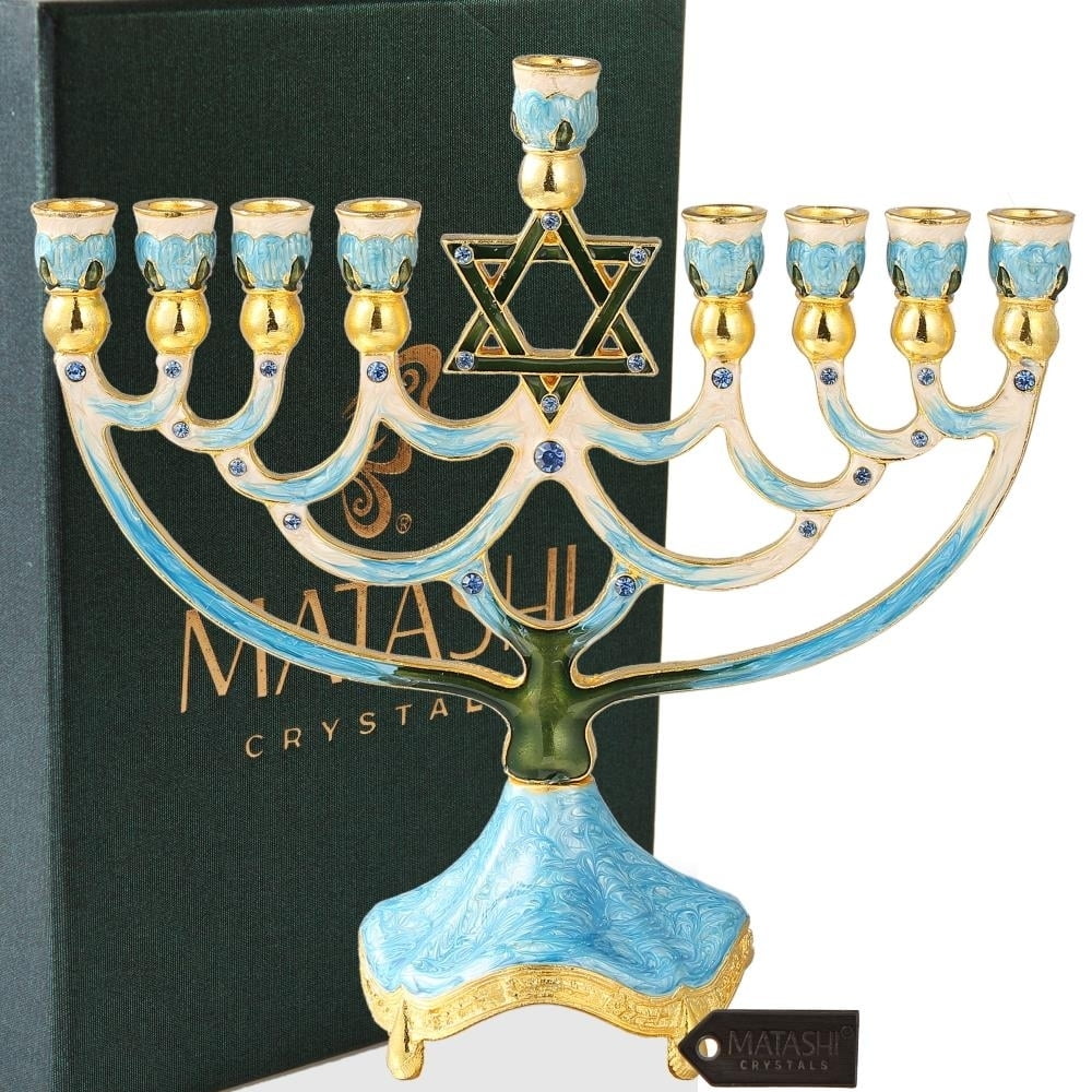 Matashi Hand Painted Enamel Menorah Candelabra with a Star of David Design and w/ Gold Accents and Crystals Jewish