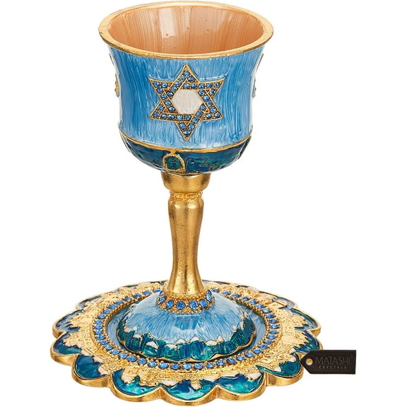 Matashi Hand-Painted Enamel Tall 5" Kiddush Cup Set w/Stem & Tray Embellished w/Crystals and Star of David Design for Weddings Shabbat Havdalah Passover Goblet Judaica Gift Cup
