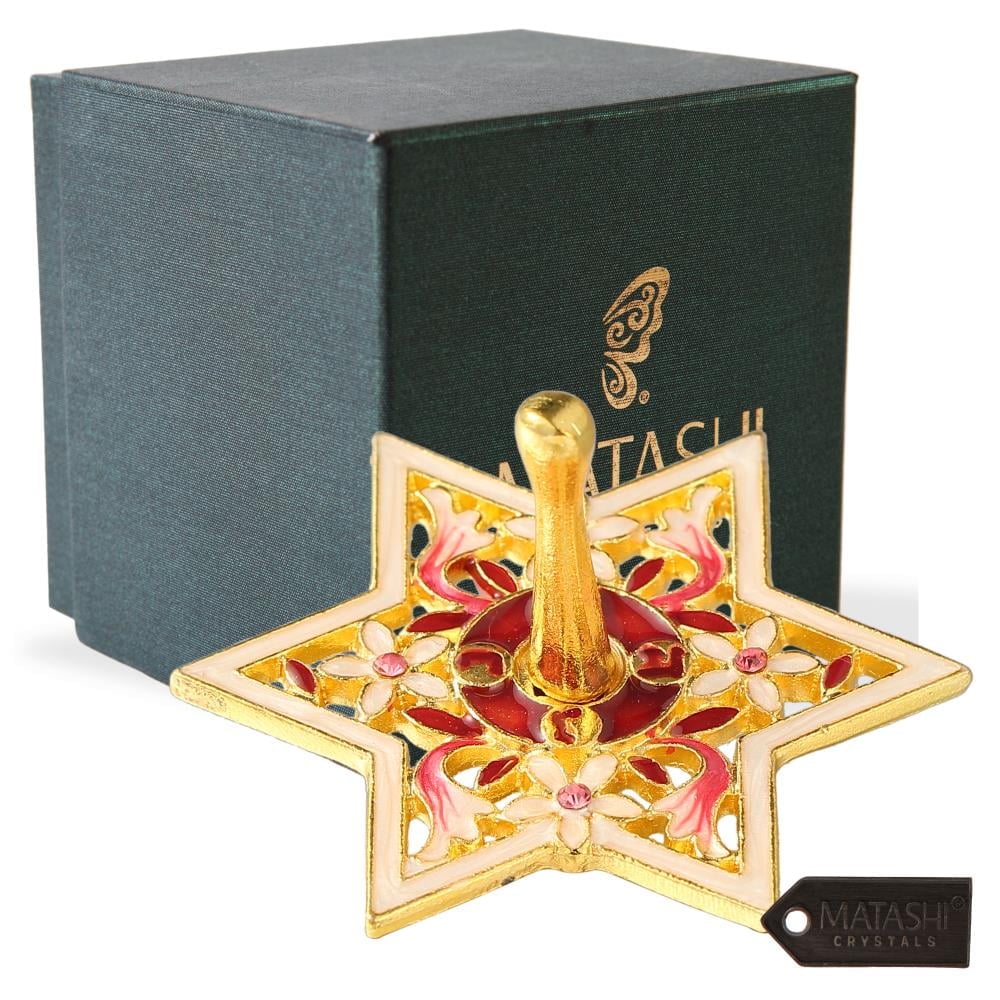 Matashi Hand-Painted Gold-Plated Red & Pink Spinning Dreidel Ornament Elegant Jewish Hanukkah Decoration with Crystals 1 Piece
