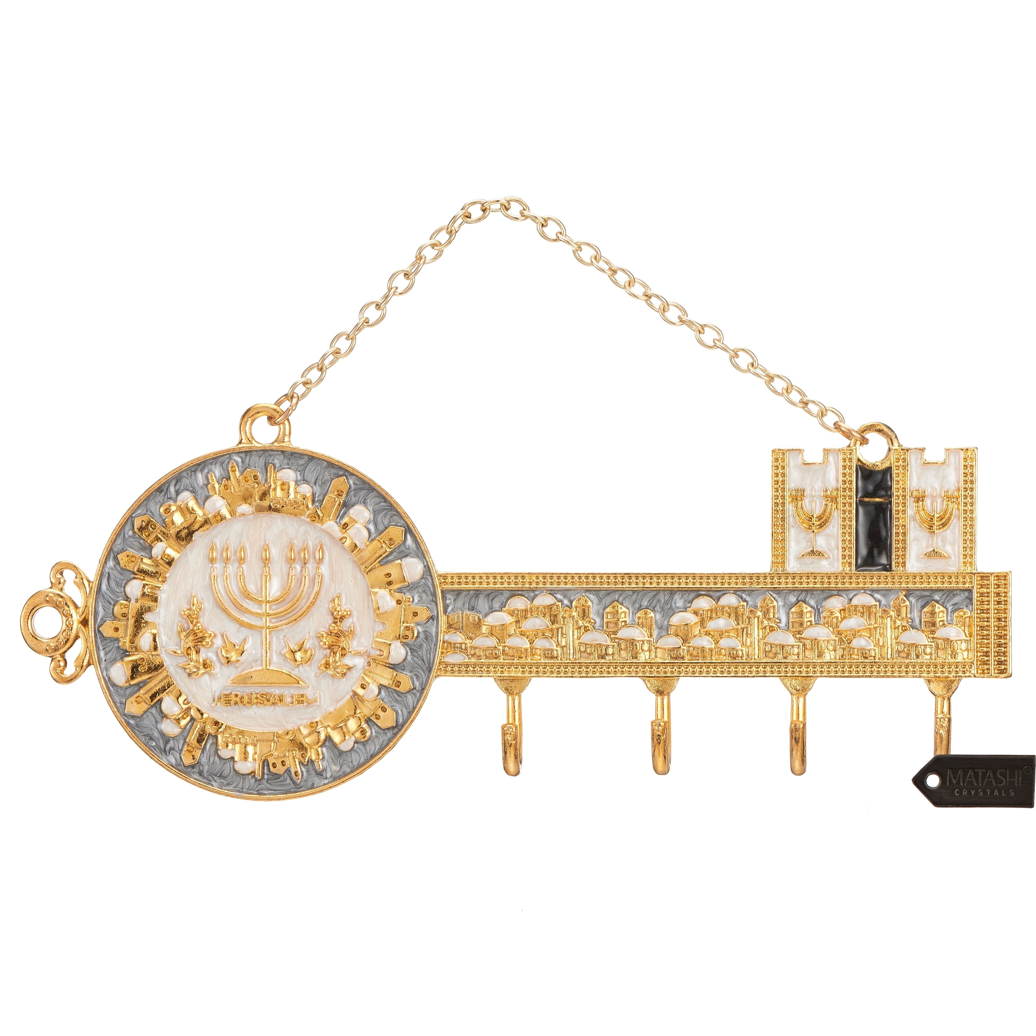 Matashi Hand-Painted Grey and Ivory Enamel Menorah and Jerusalem Cityscape Design Decorative Hanging Wall Hooks for Entryway, Hallway, Bedroom, Kitchen and Home Decor