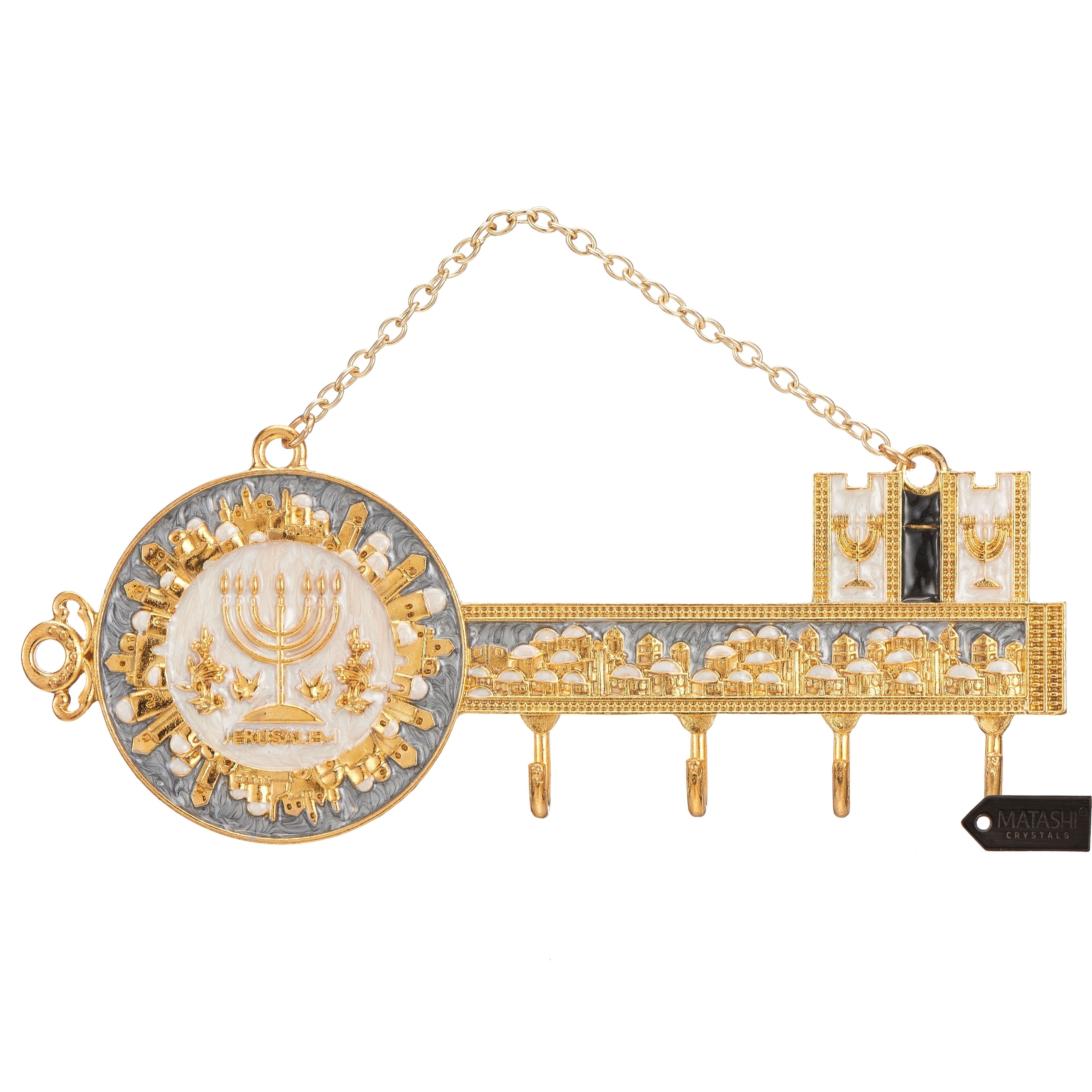 Matashi Hand-Painted Grey and Ivory Enamel Menorah & Jerusalem Cityscape Wall Hooks Decorative Hanging Pewter Hooks with Crystals for Entryway, Hallway & Home Dcor