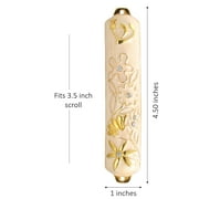 Matashi Hand Painted White Enamel Mezuzah Embellished with a Floral Design with Gold Accents and High Quality Crystals