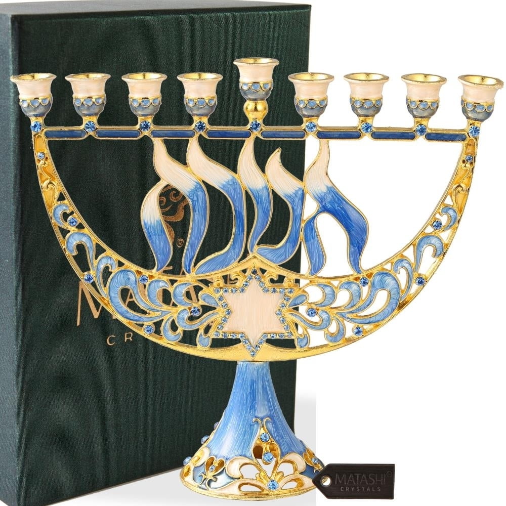 Hand Painted Gold and Blue Enamel Menorah Candelabra with Star of David