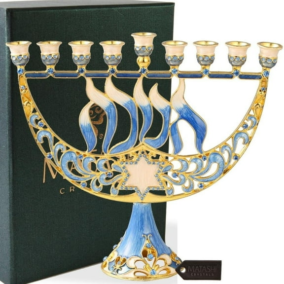 Matashi Hand-Painted Enamel Menorah Candelabra  Hanukkah Design with Gold Accents & Crystals