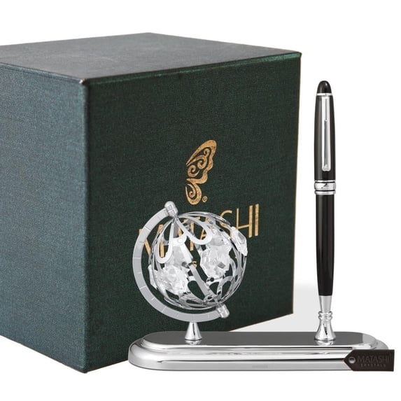 Matashi Highly Polished Chrome Plated Executive Globe Pen Desk Set – Elegant Home & Office Décor