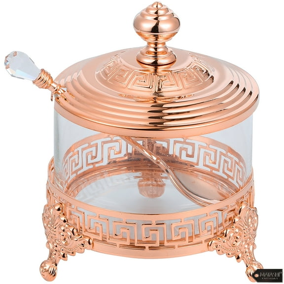 Matashi Home Decorative Dining Tabletop Showpiece Rose Gold Sugar Bowl, Honey Dish, Candy Dish Glass BowlContemporary Design with Crystal Studded Spoon