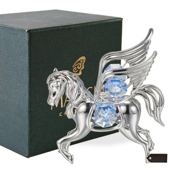 Matashi Home Decorative Tabletop Showpiece Chrome Plated Silver Pegasus Ornament with Blue Crystals