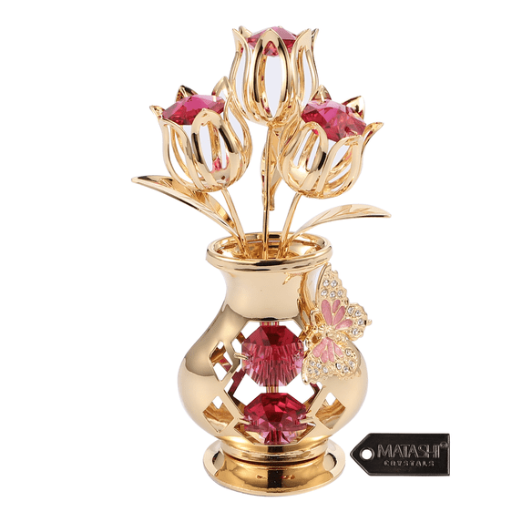 Matashi 24K Gold Plated Flower in Vase; Valentine's Day Gift for Wife or Her; Decorative Butterfly and Red Crystals Tabletop Ornament