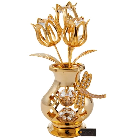 Matashi 24K Gold Plated Tulip Flower Tabletop Ornament with Dragonfly in Vase, Home Décor, 1 Count, Gift for Valentine’s Day or Mother’s Day