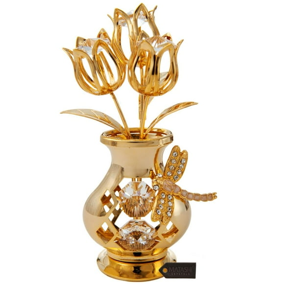 Matashi Home Decorative Tabletop Showpiece 24K Gold Plated Crystal Studded Flower Ornament in a Vase with Decorative Dragonfly (Clear Crystals)
