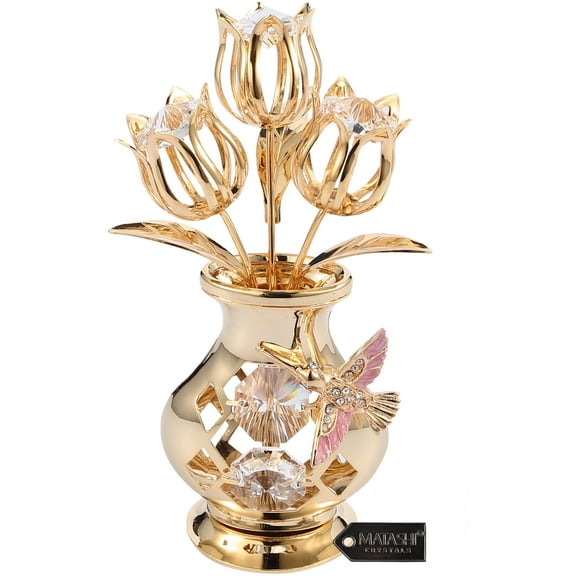 Matashi Flower Bouquet Vase Valentine's Day Gift for Women, Girlfriend -  with Decorative Hummingbird 24K Gold Plated Clear Crystal Tabletop Ornament for Her, Mom, Daughter, Grandma