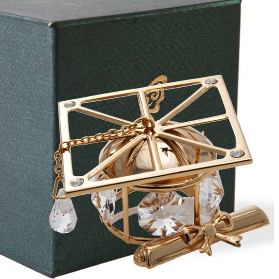 Matashi Home Decorative Tabletop Showpiece 24K Gold Plated Crystal Studded Graduation Cap Ornament with Diploma and Crystal Ended Tassle