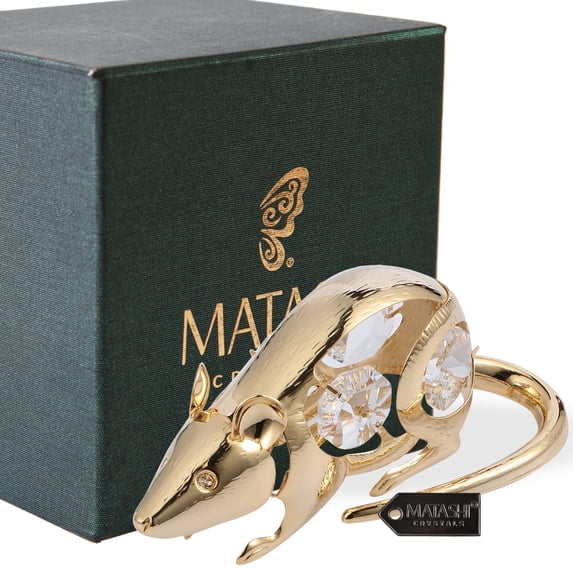 Matashi 24K Gold Plated Crystal Studded Rat Figurine, Year of the Rat Collectible Tabletop Home Décor Gift