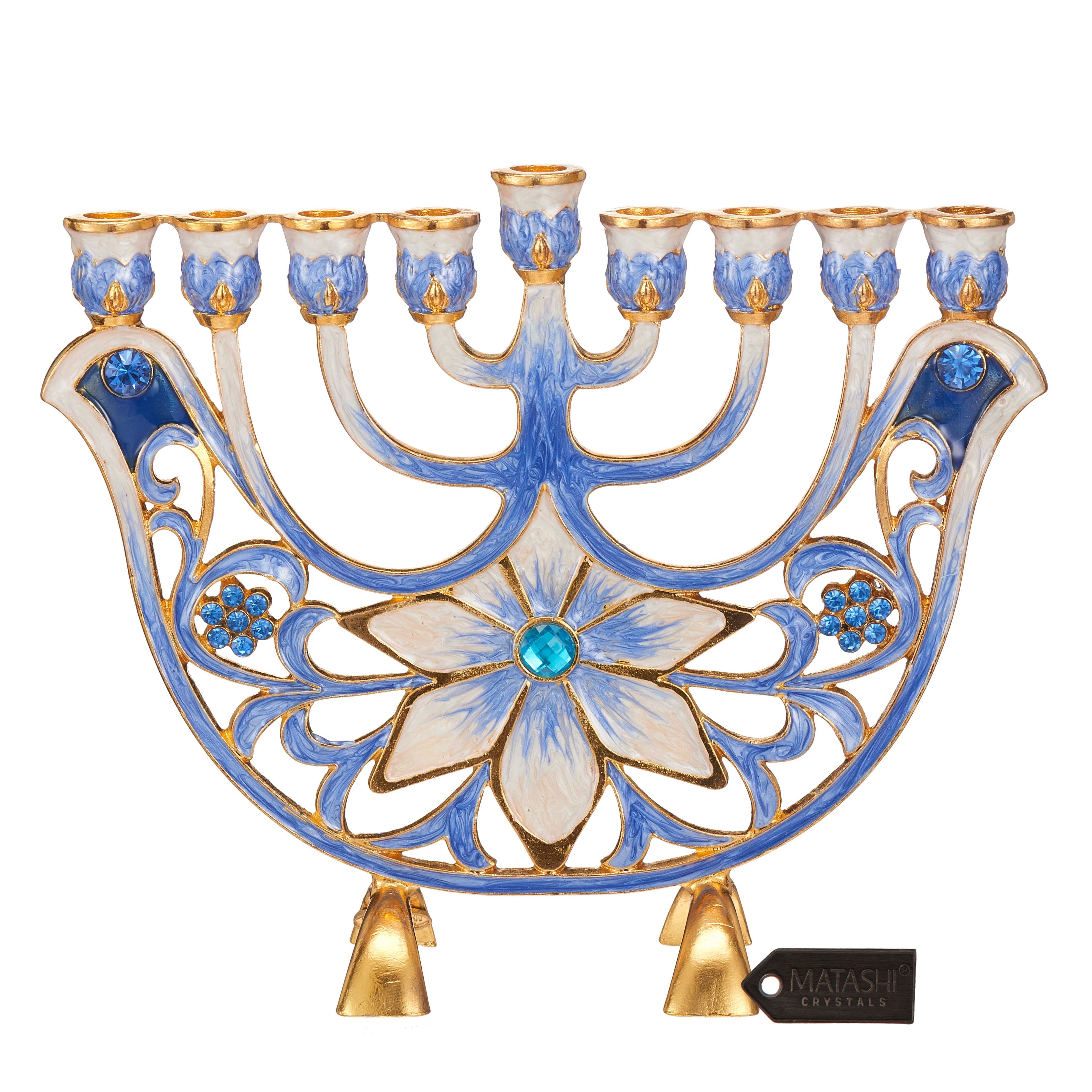 Matashi Home Decorative Tabletop Showpiece Hand Painted Blue and Ivory Flower Menorah Candelabra, Embellished with Gold Accents and High Quality Crystals