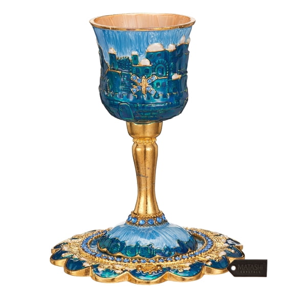 Matashi Hand-Painted 5-Inch Enamel Kiddush Cup Set with Stem & Tray – Jerusalem Cityscape Design – Embellished with Fine Crystals