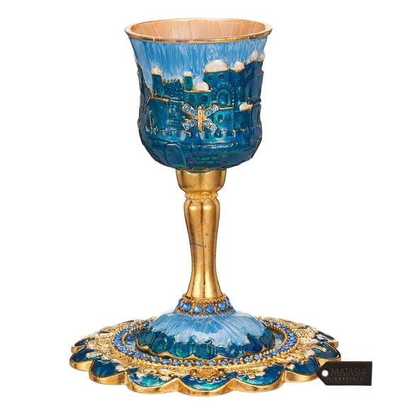 Matashi Hand-Painted 5-Inch Enamel Kiddush Cup Set with Stem & Tray Jerusalem Cityscape Design Embellished with Fine Crystals