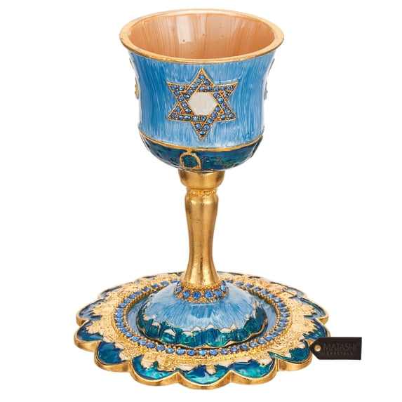 Matashi Hand-Painted Enamel Kiddush Cup Set with Tray – 5" Tall, Star of David Design, Embellished with High-Quality Crystals