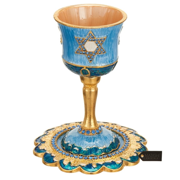 Matashi Hand-Painted Enamel Kiddush Cup Set with Tray 5" Tall, Star of David Design, Embellished with High-Quality Crystals