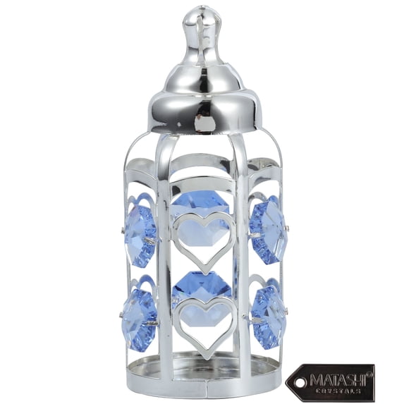 Matashi Home Decorative Tabletop Showpiece Silver Plated Crystal Studded Baby Bottle Ornament with Light Blue Crystals