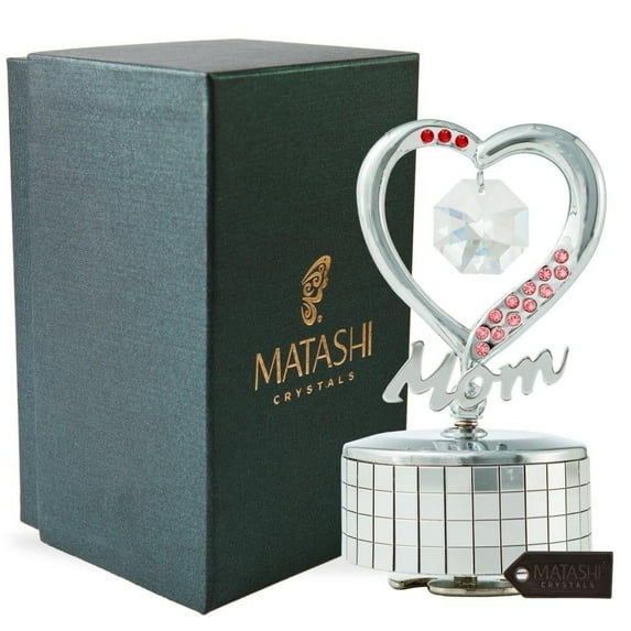 Valentine’s Day Gift for Women or Wife – Matashi Mom Heart Wind-Up Music Box with Crystals, Gold Tabletop Ornament