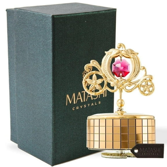 Matashi 24K Gold Plated Princess Carriage Music Box with Red Crystal Plays Love Story 1 Count