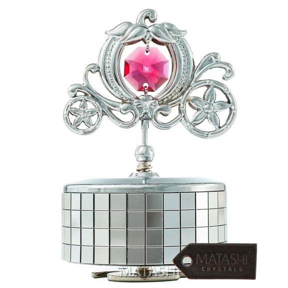 Matashi Princess Carriage Music Box Plays “You Are My Sunshine”, Valentine’s Day Gift for Her or Women, Chrome Plated Tabletop Ornament with Crystals