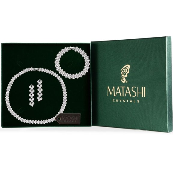 Matashi Rhodium Plated Earrings, Bracelet and Necklace Set Fashion Jewelry Sets for Women Made w Zircon (CZ) Stones