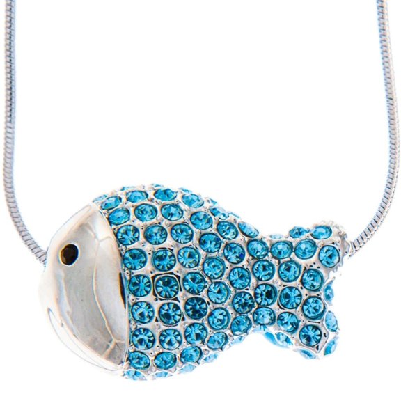 Matashi Rhodium Plated Necklace w Fish Design and 16" Extendable Chain w Ocean Blue Crystals Womens Jewelry Gift for
