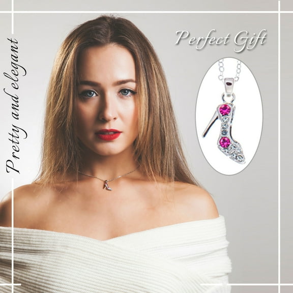 Matashi Rhodium Plated Necklace w Stiletto Shoe Design and 16" Extendable Chain w Rose Red and Clear Crystals Womens