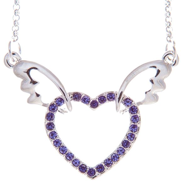Matashi Rhodium Plated Necklace w Winged Heart Design w 16" Extendable Chain and Purple Crystals Womens Jewelry Gift for